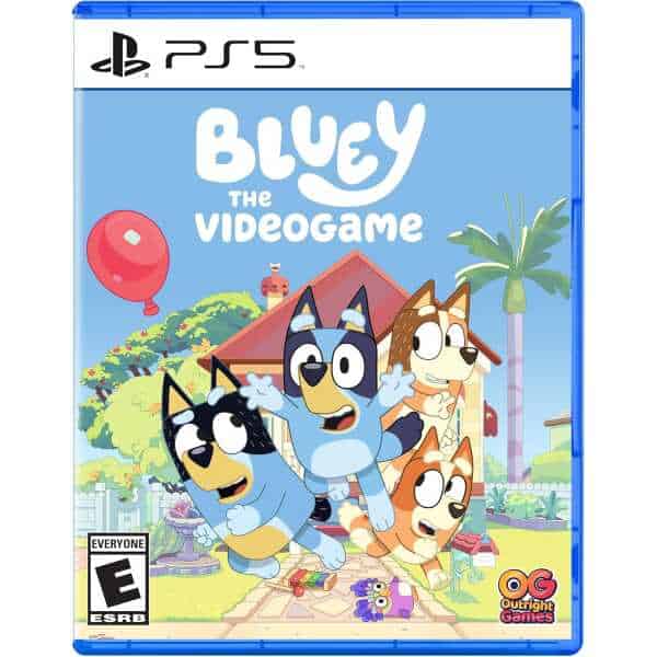 Bluey the Video Game PS5 cover art featuring Bluey and friends in a colorful backyard scene.