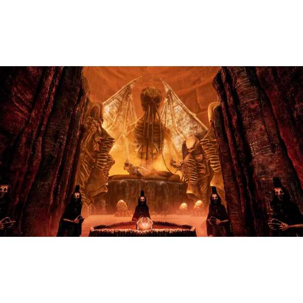 Dark fantasy scene with skeletal figures and fiery backdrop from Necrophosis.