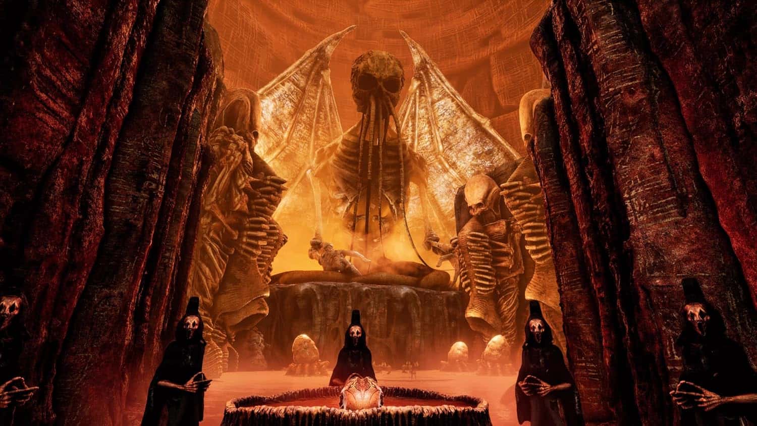 Dark fantasy scene with skeletal figures and fiery backdrop from Necrophosis.