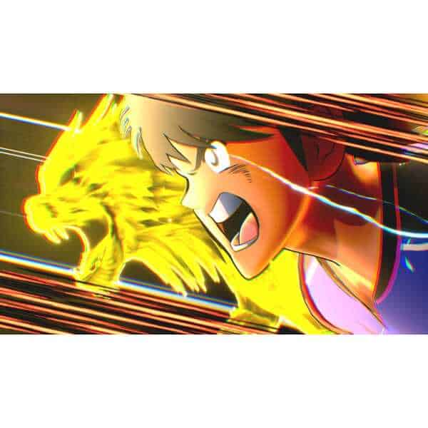 Intense anime-style battle scene featuring a young warrior and a fiery dragon.