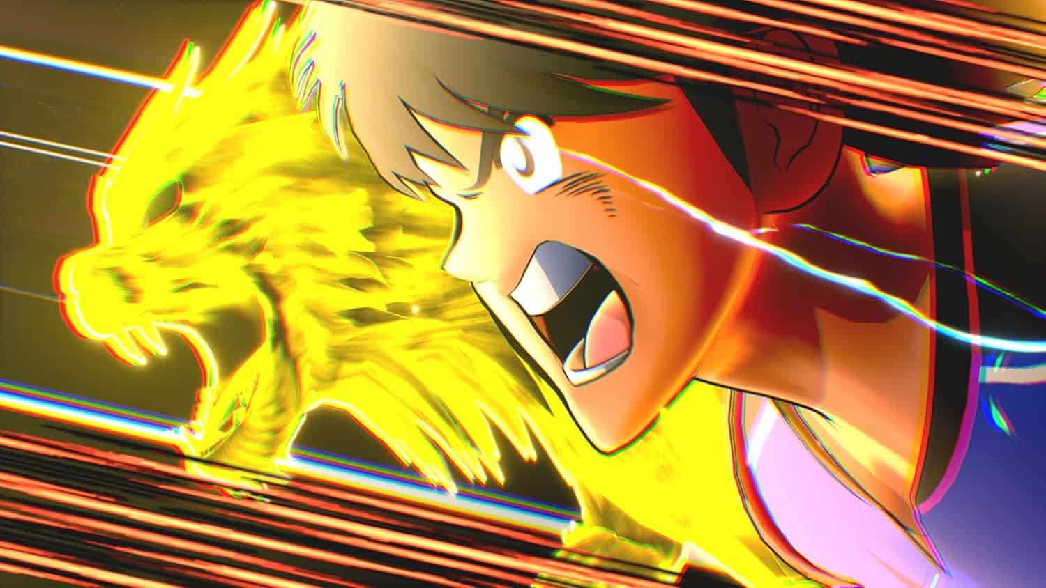 Intense anime-style battle scene featuring a young warrior and a fiery dragon.