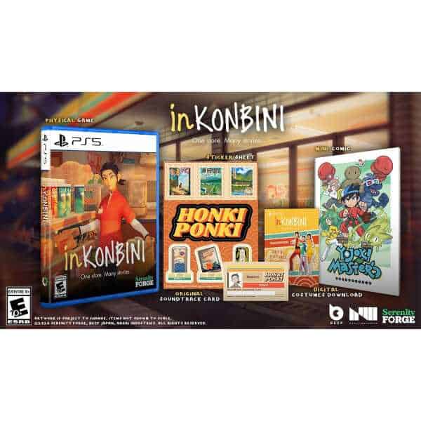 InKONBINI game store display with characters and merchandise.