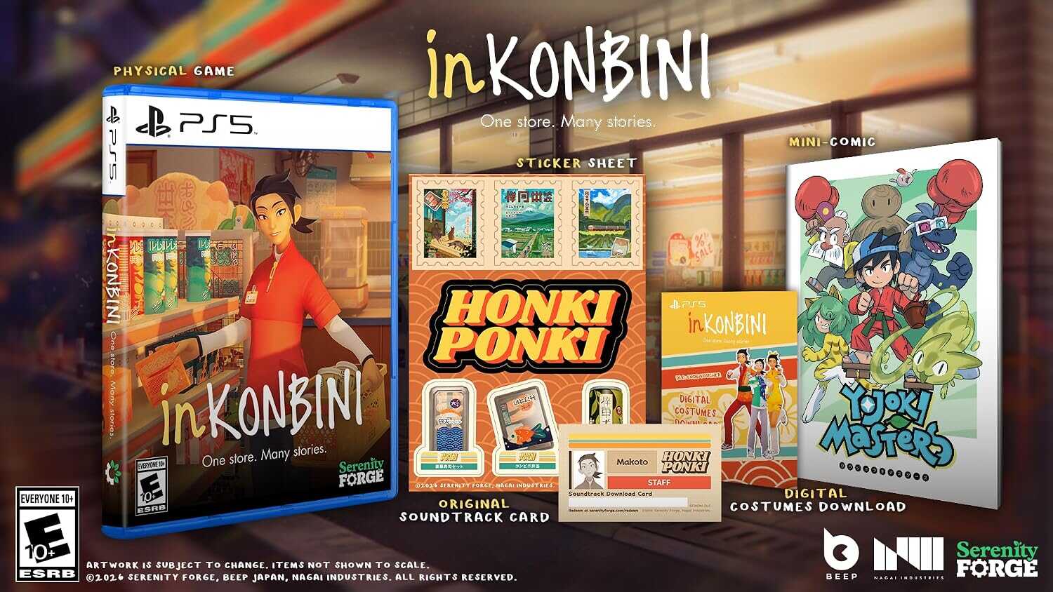 InKONBINI game store display with characters and merchandise.