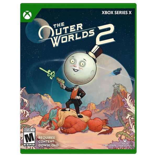 The Outer Worlds 2 Standard Edition game cover with a cartoon moon character on an alien planet.