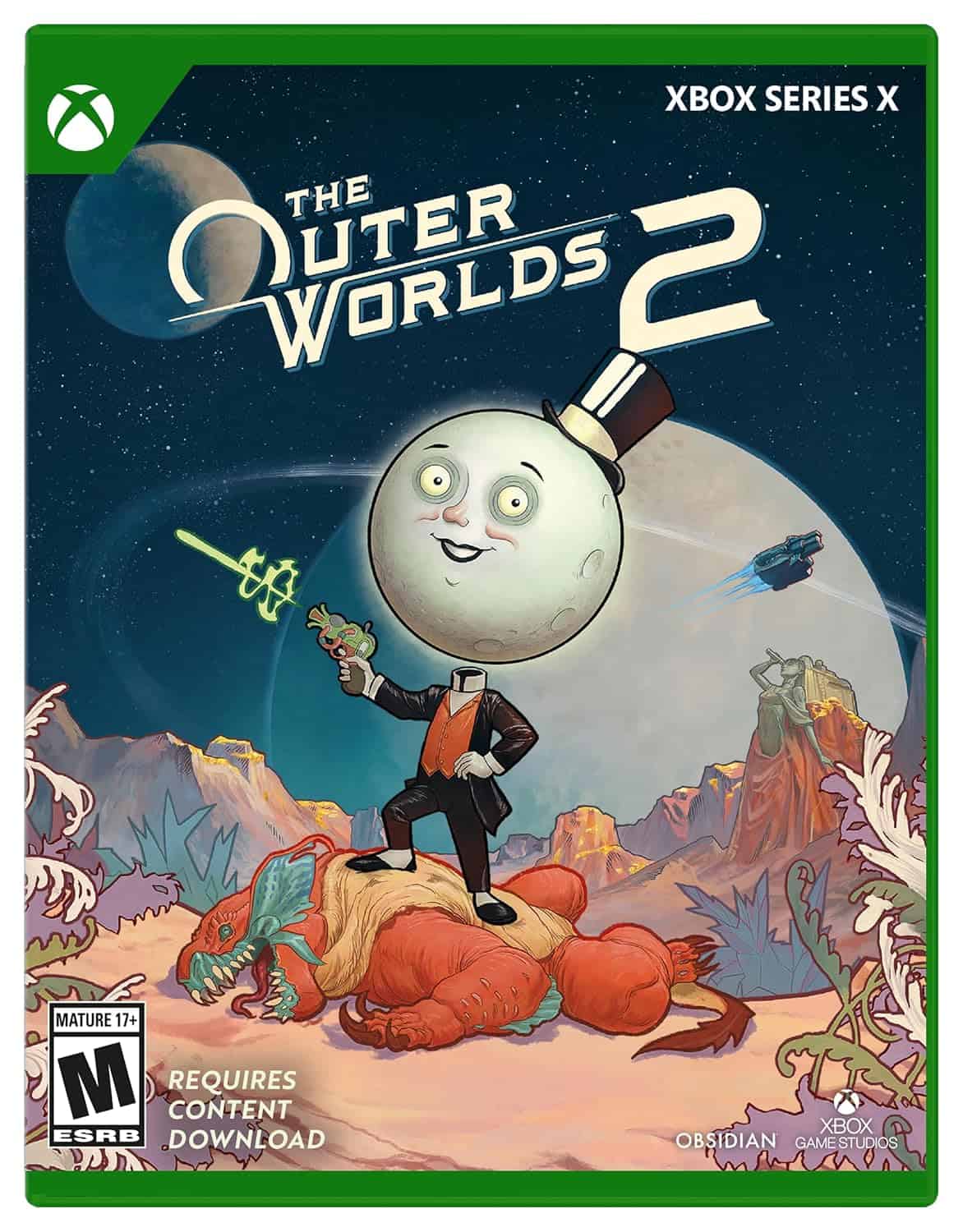 The Outer Worlds 2 Standard Edition game cover with a cartoon moon character on an alien planet.