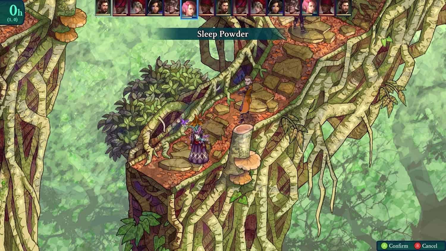 Forest-themed video game environment with lush greenery and twisted tree roots.