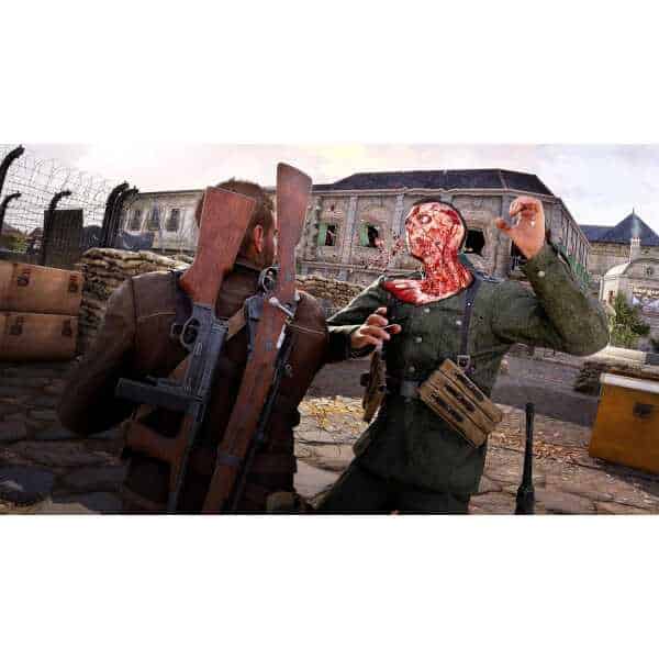 Intense zombie shooter scene with armed characters in a post-apocalyptic setting.