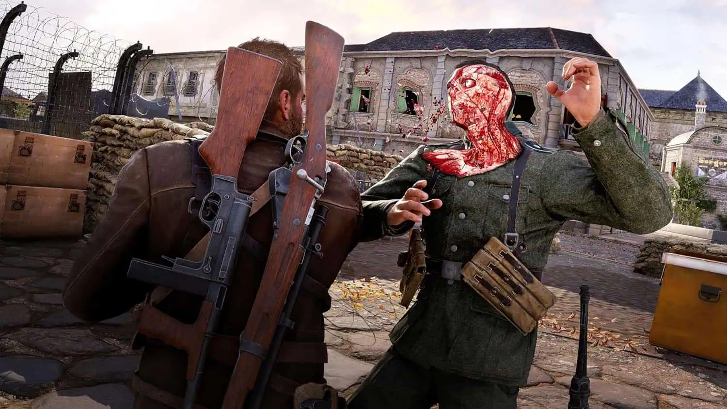 Intense zombie shooter scene with armed characters in a post-apocalyptic setting.