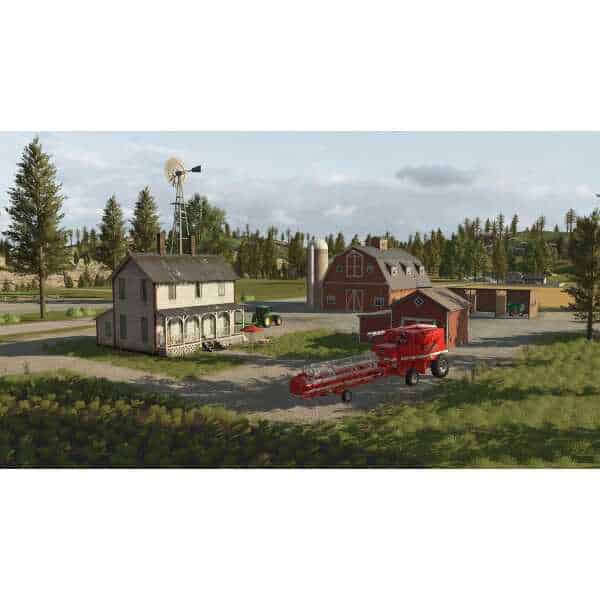 Farming Simulator 26 farm scene with machinery, barns, and rural landscape.