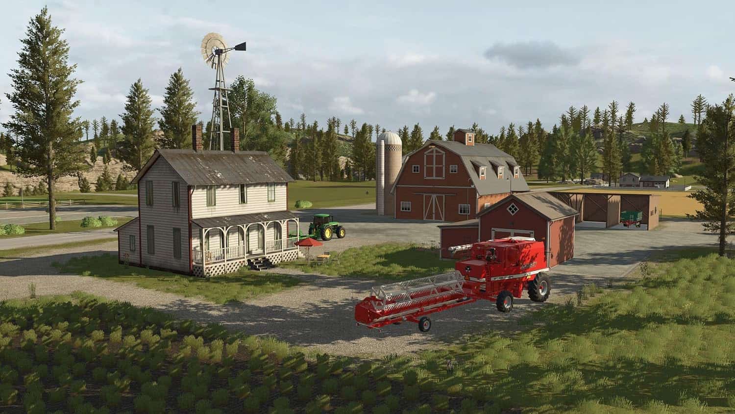 Farming Simulator 26 farm scene with machinery, barns, and rural landscape.