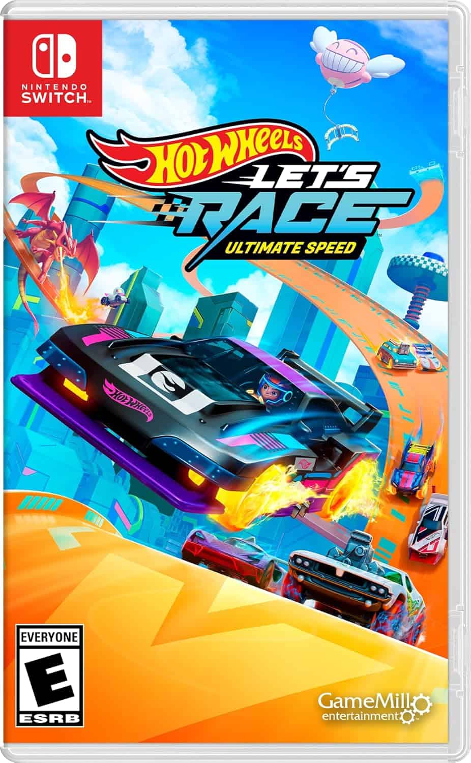 Hot Wheels racing game cover with fast cars and vibrant city background.