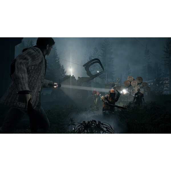 Nighttime forest survival game with characters using tools and weapons.