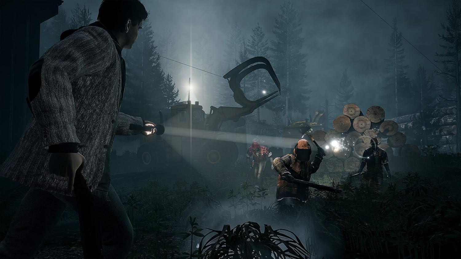 Nighttime forest survival game with characters using tools and weapons.