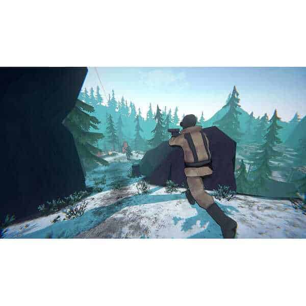 Player in tactical gear running through snowy forest landscape.