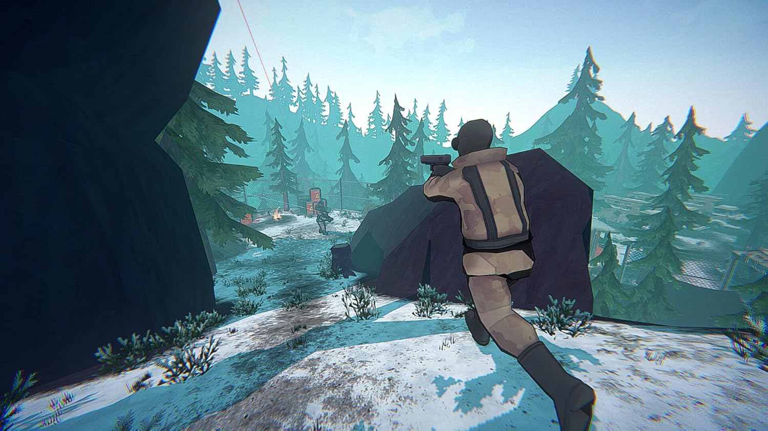 Player in tactical gear running through snowy forest landscape.