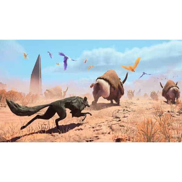 Prehistoric landscape with dinosaurs and flying pterodactyls in a desert setting.