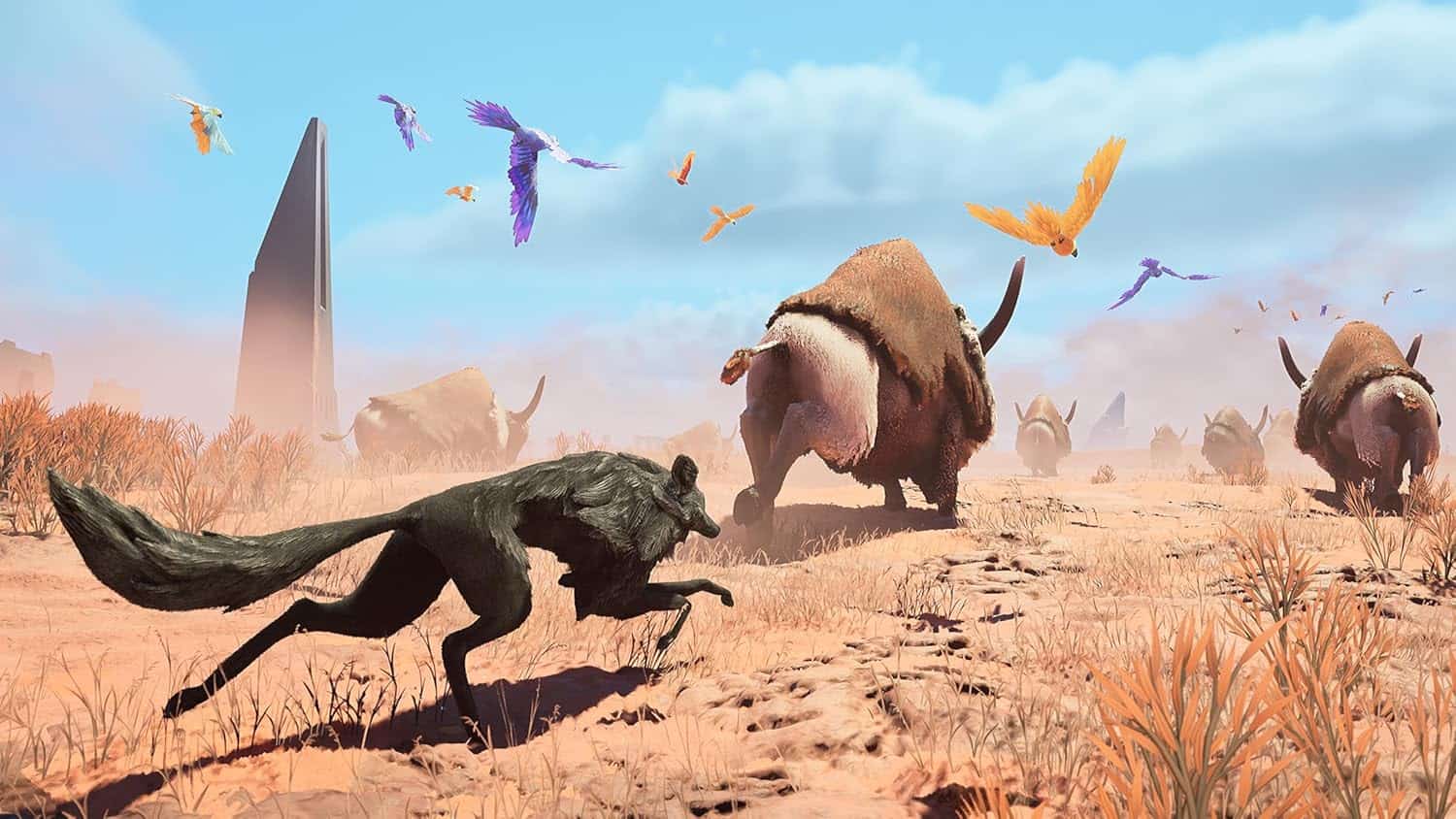 Prehistoric landscape with dinosaurs and flying pterodactyls in a desert setting.