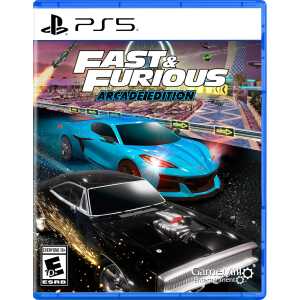 Fast & Furious arcade racing game cover for PS5 with cars and cityscape.