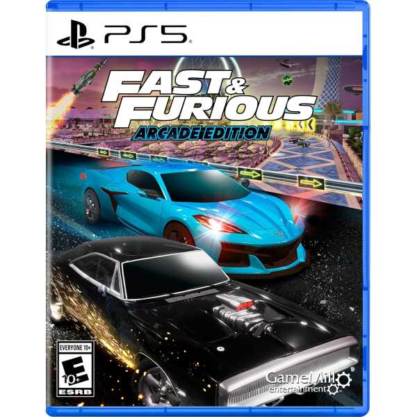 Fast & Furious arcade racing game cover for PS5 with cars and cityscape.