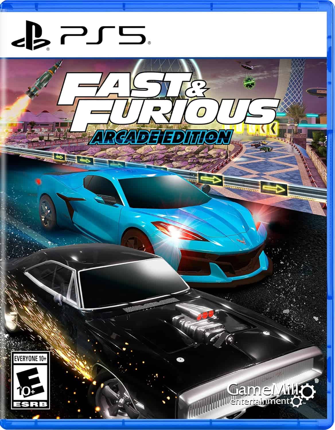 Fast & Furious arcade racing game cover for PS5 with cars and cityscape.