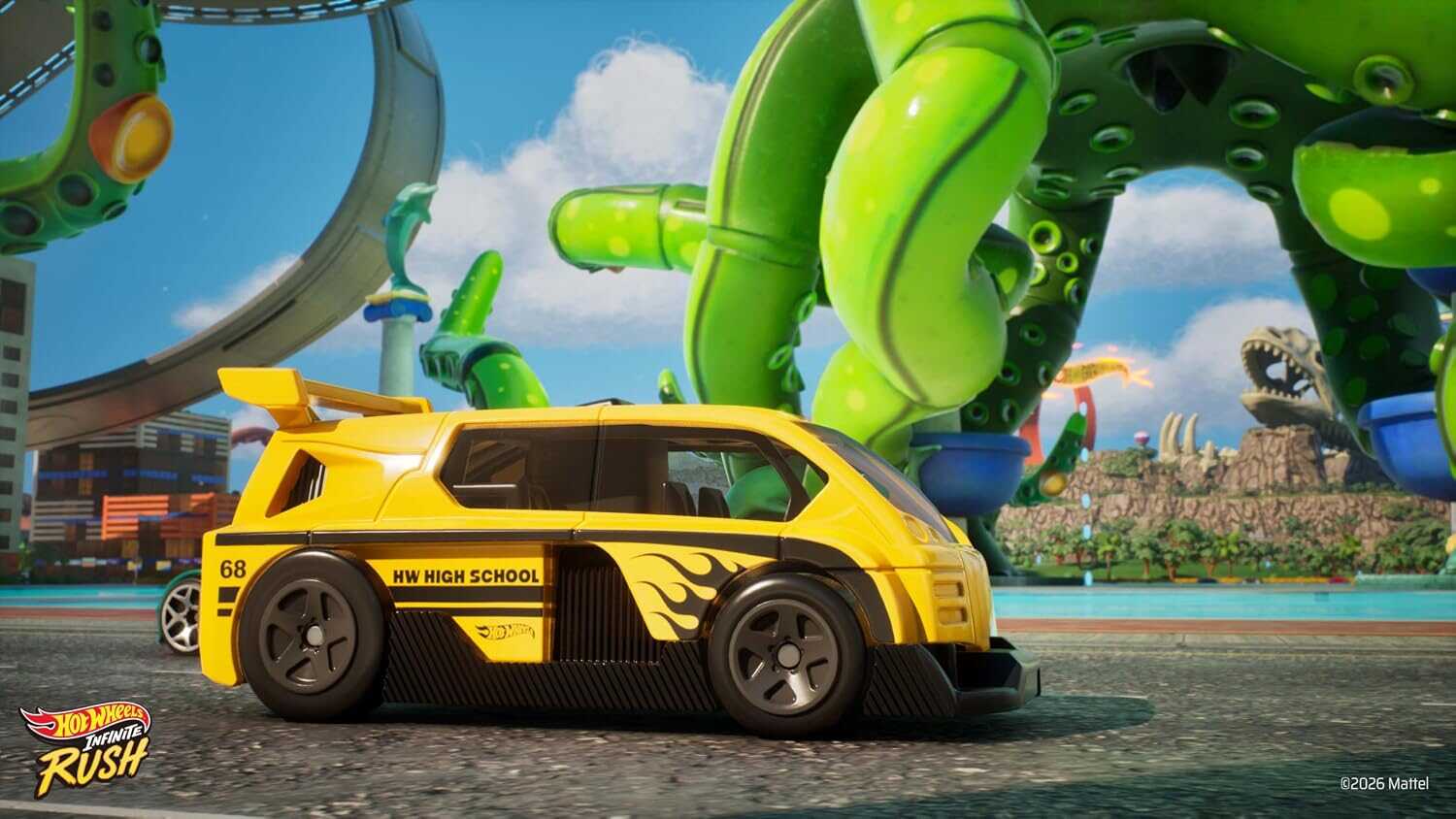 Yellow Hot Wheels car with black stripes in front of colorful amusement park rides.