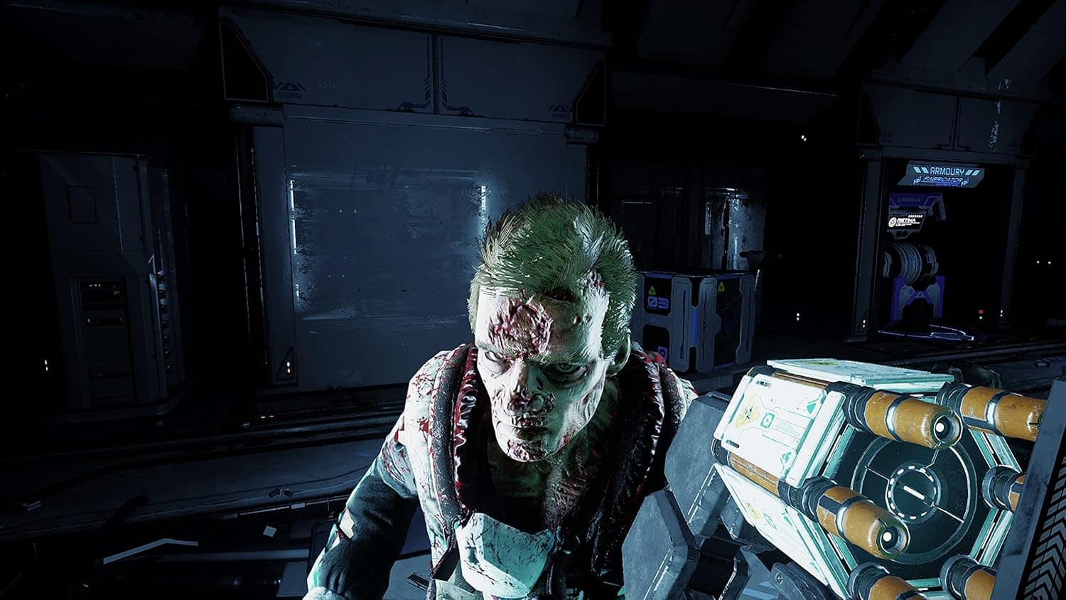 Joker character in a dark, high-tech gaming environment with advanced weaponry.