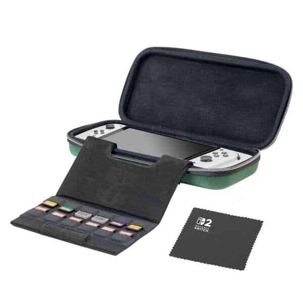 Nintendo Switch carrying case with game cartridge slots and accessories.