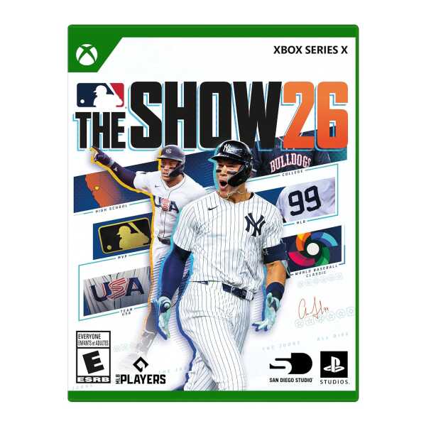 MLB The Show 26 Xbox game cover with players in baseball uniforms.