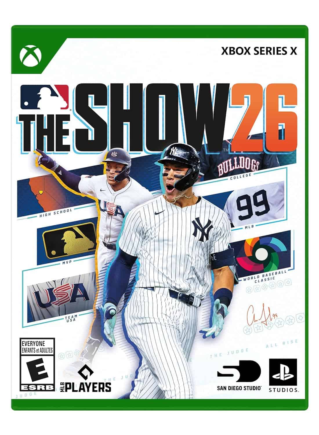 MLB The Show 26 Xbox game cover with players in baseball uniforms.