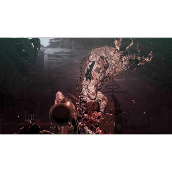Epic monster battling in a dark, industrial environment with dramatic lighting and intense atmospher.