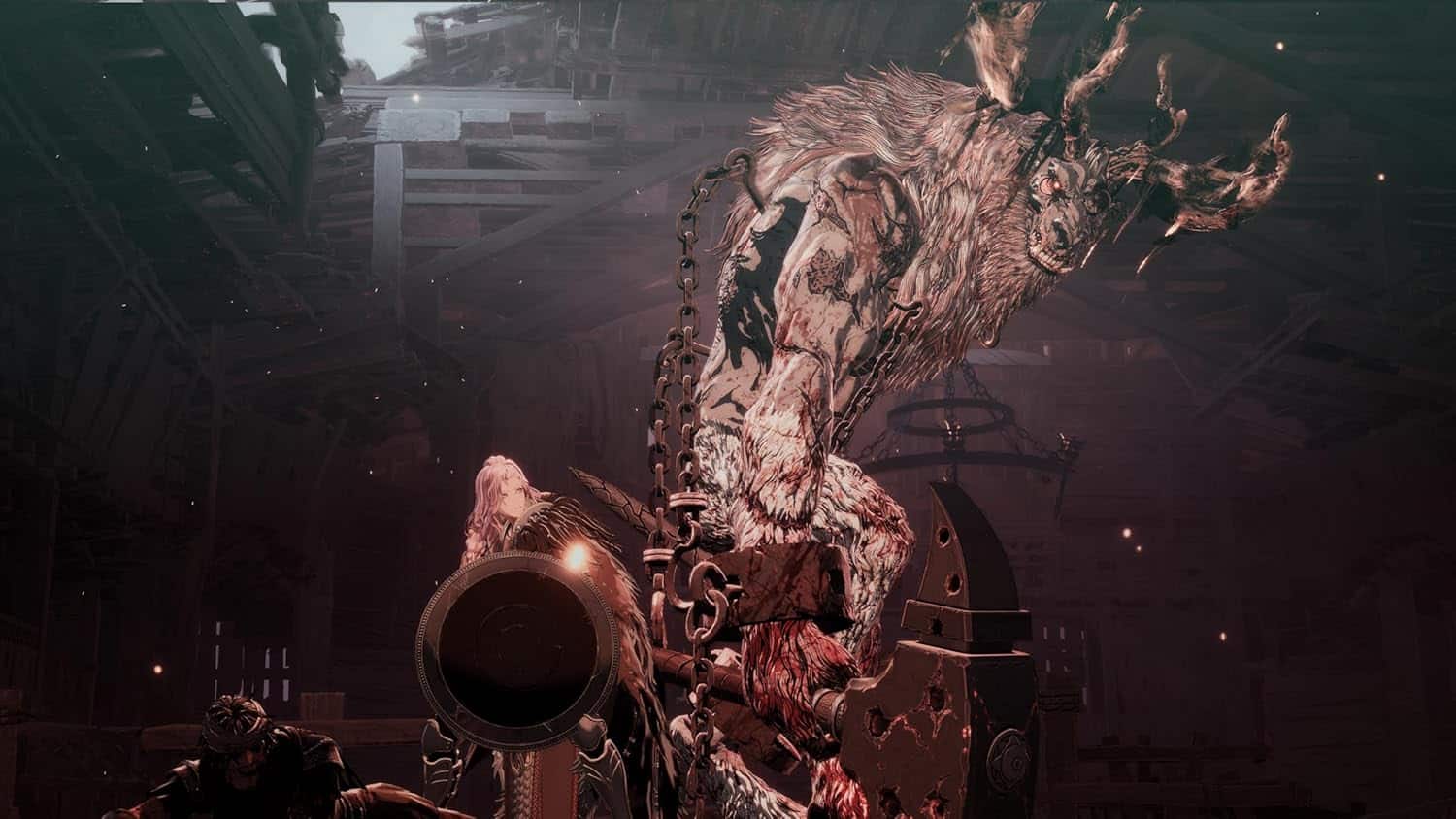 Epic monster battling in a dark, industrial environment with dramatic lighting and intense atmospher.