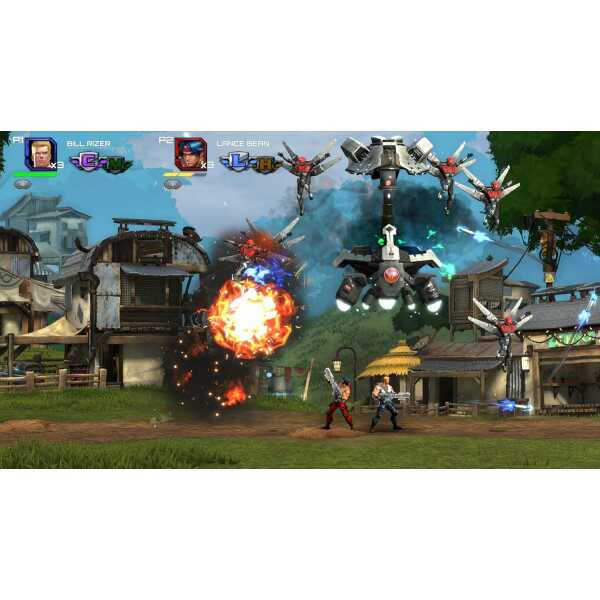 Intense sci-fi battle with robots and explosions in a game environment.