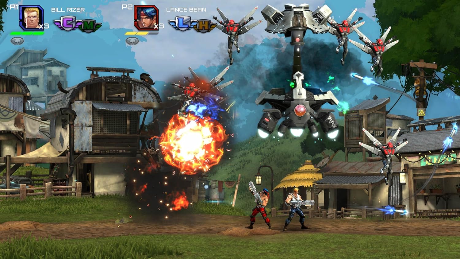Action-packed sci-fi game scene featuring robots, explosions, and combat in a vibrant gameware setting. Intense sci-fi battle with robots and explosions in a game environment.