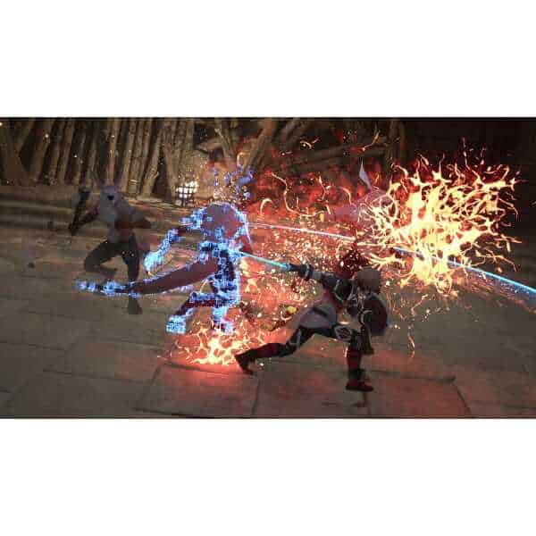 Intense lightsaber battle scene in a forest with glowing warriors and fiery effects.