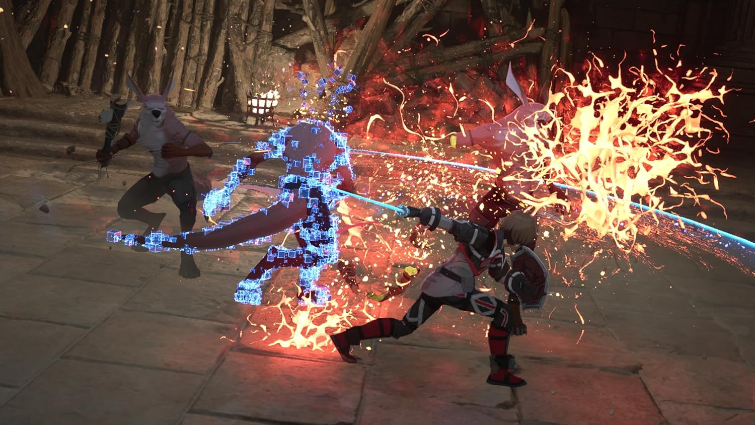 Intense lightsaber battle scene in a forest with glowing warriors and fiery effects.