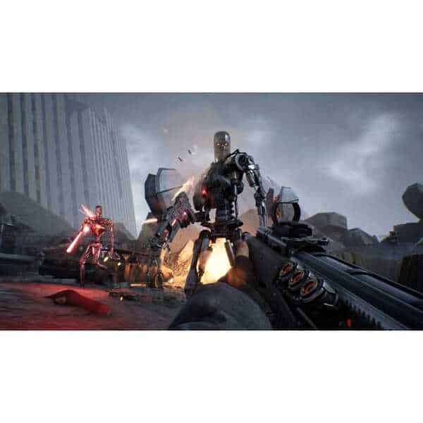 Futuristic robot combat scene with advanced weaponry and destruction in an urban environment.
