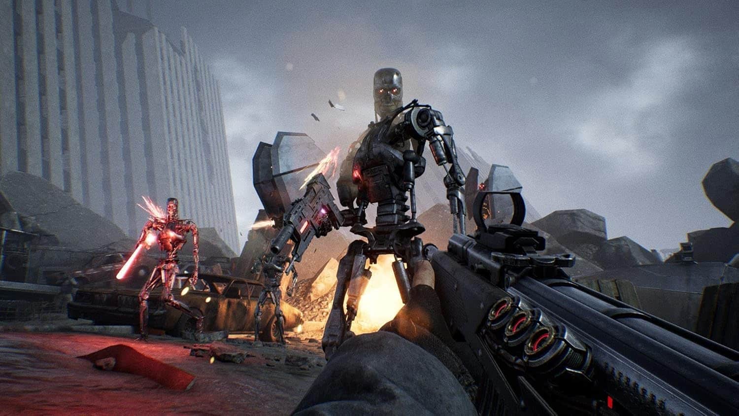 Futuristic robot combat scene with advanced weaponry and destruction in an urban environment.