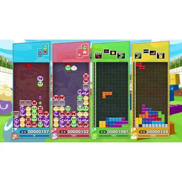 Puyo Puyo Tetris 2S gameplay featuring colorful puzzle pieces on Nintendo Switch console.
