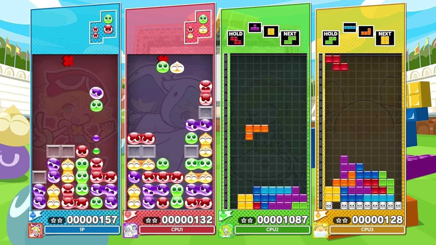 Puyo Puyo Tetris 2S gameplay featuring colorful puzzle pieces on Nintendo Switch console.