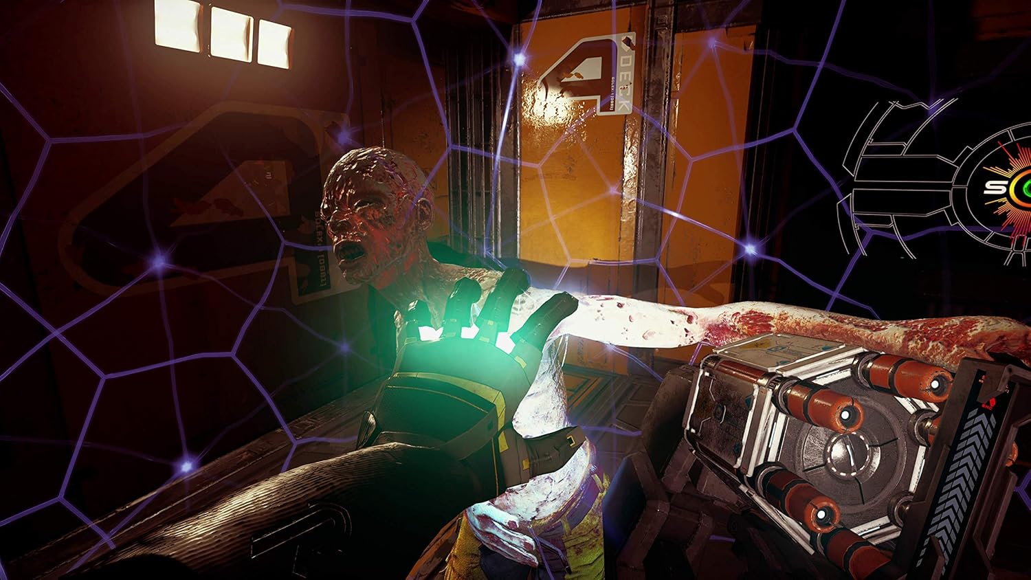Futuristic cyberpunk gaming setup with advanced technology and neon lights.