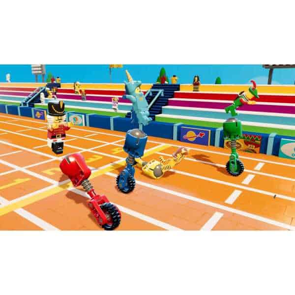 LEGO figures racing on a vibrant track with various characters and playful elements.