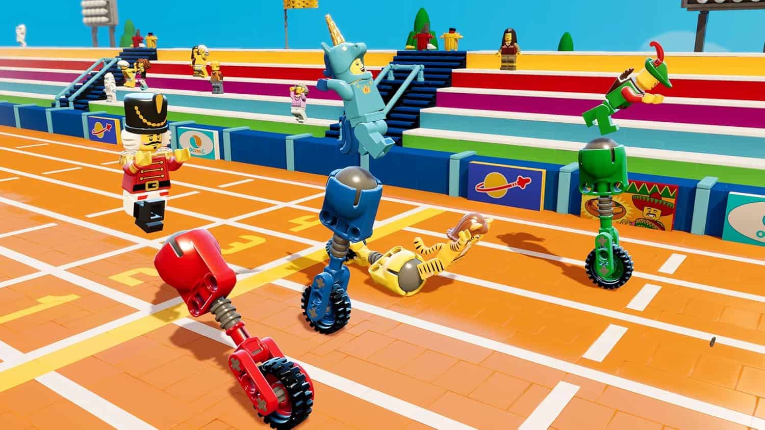 LEGO figures racing on a vibrant track with various characters and playful elements.