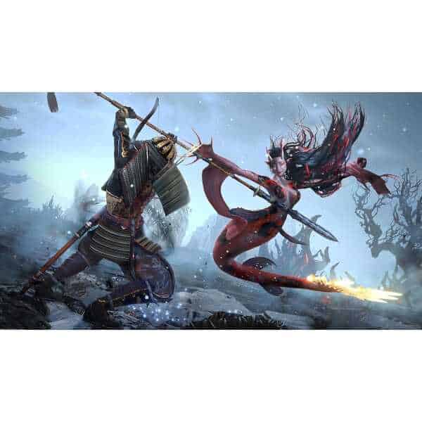 Epic Nioh 3 character battle scene with samurai and demon.