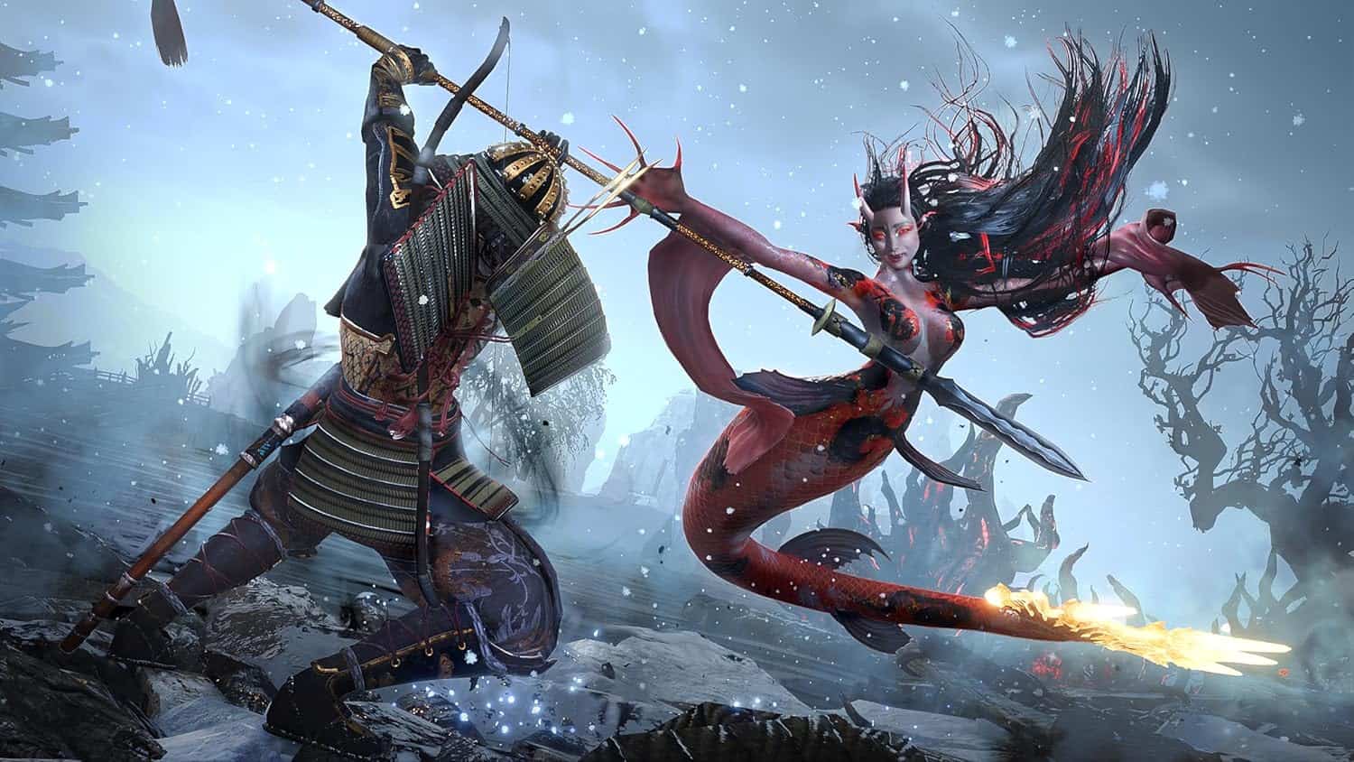Epic Nioh 3 character battle scene with samurai and demon.