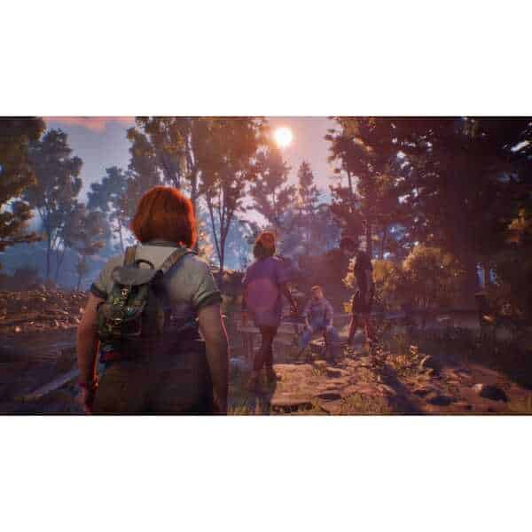 Group of people exploring a forest during sunset in Bloom & Rage game.