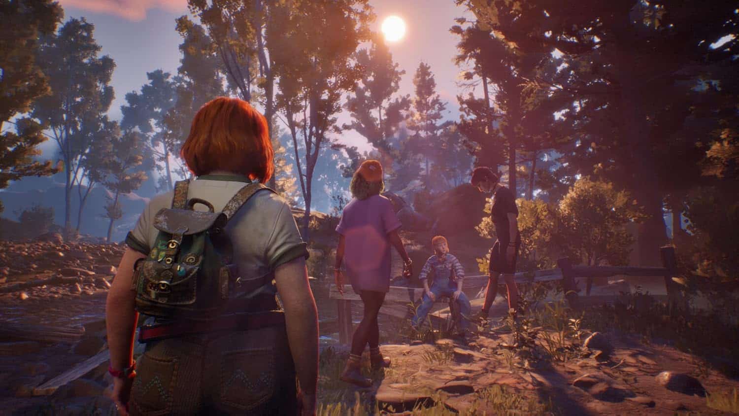 Group of people exploring a forest during sunset in Bloom & Rage game.