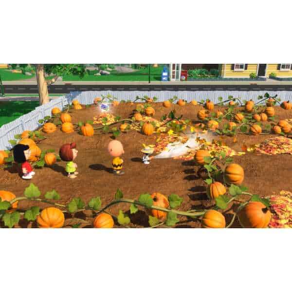 Snoopy and friends exploring a pumpkin patch in a fall-themed scene.