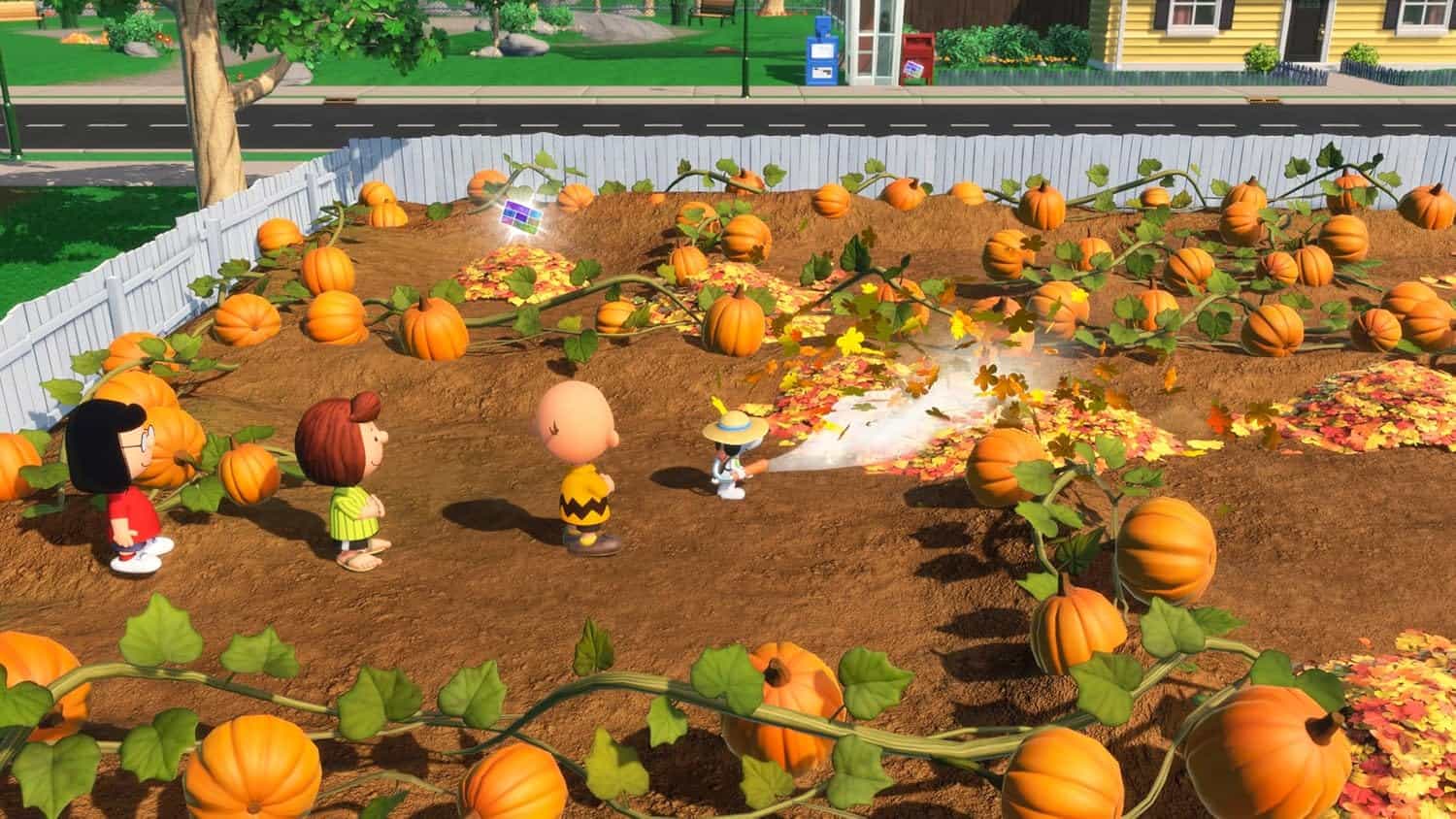 Snoopy and friends exploring a pumpkin patch in a fall-themed scene.
