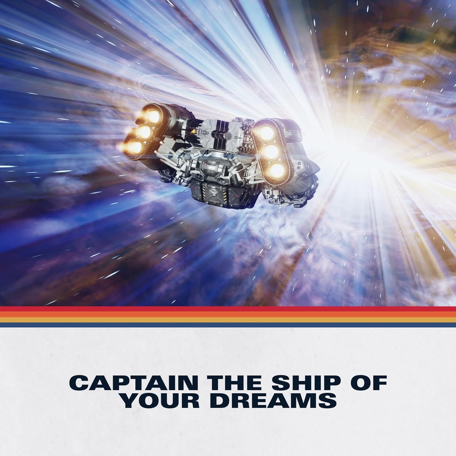 Spaceship from Starfield game flying through space with bright starburst background.