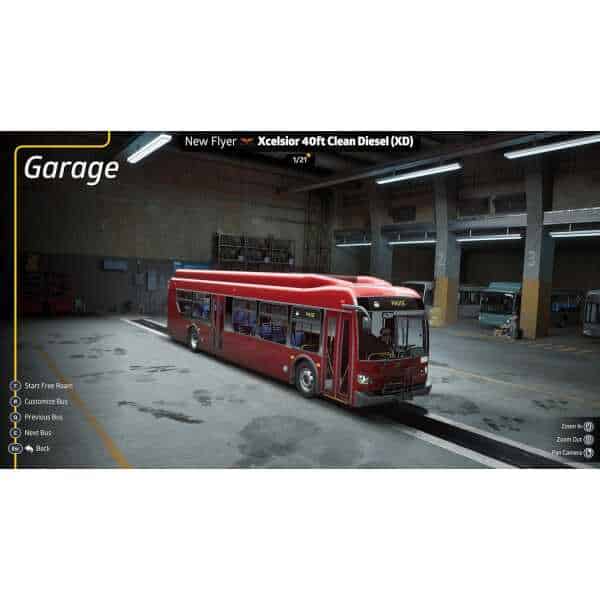 Red bus from Bus Bound Deluxe Edition in a garage setting.